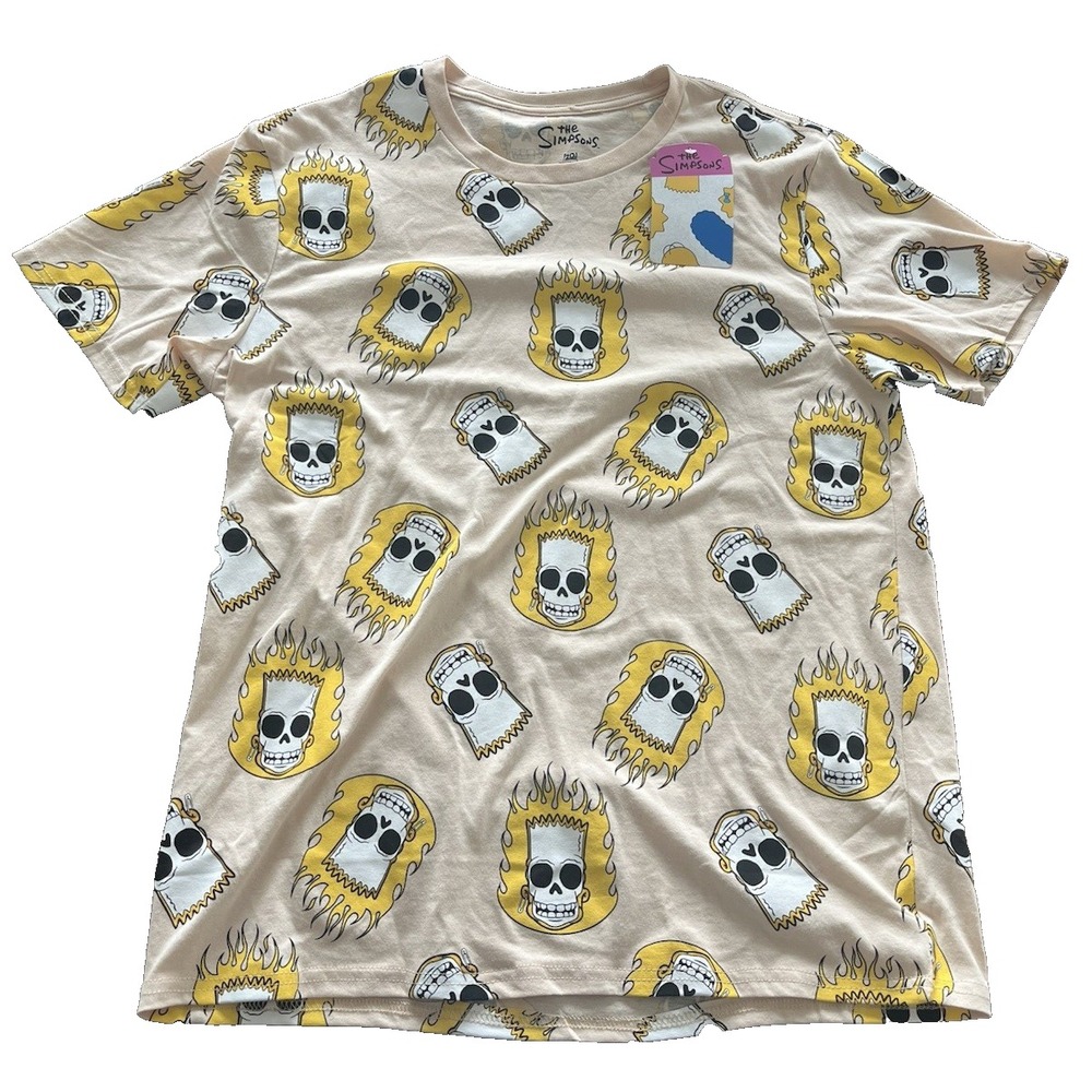The Simpsons Halloween Horror Skeleton Bart Flames Yellow Beige Sz Small ‎ Shirt